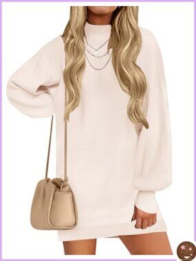 Mock Neck Mini Sweater Dress Ribbed Knit Lantern Sleeve Pullover